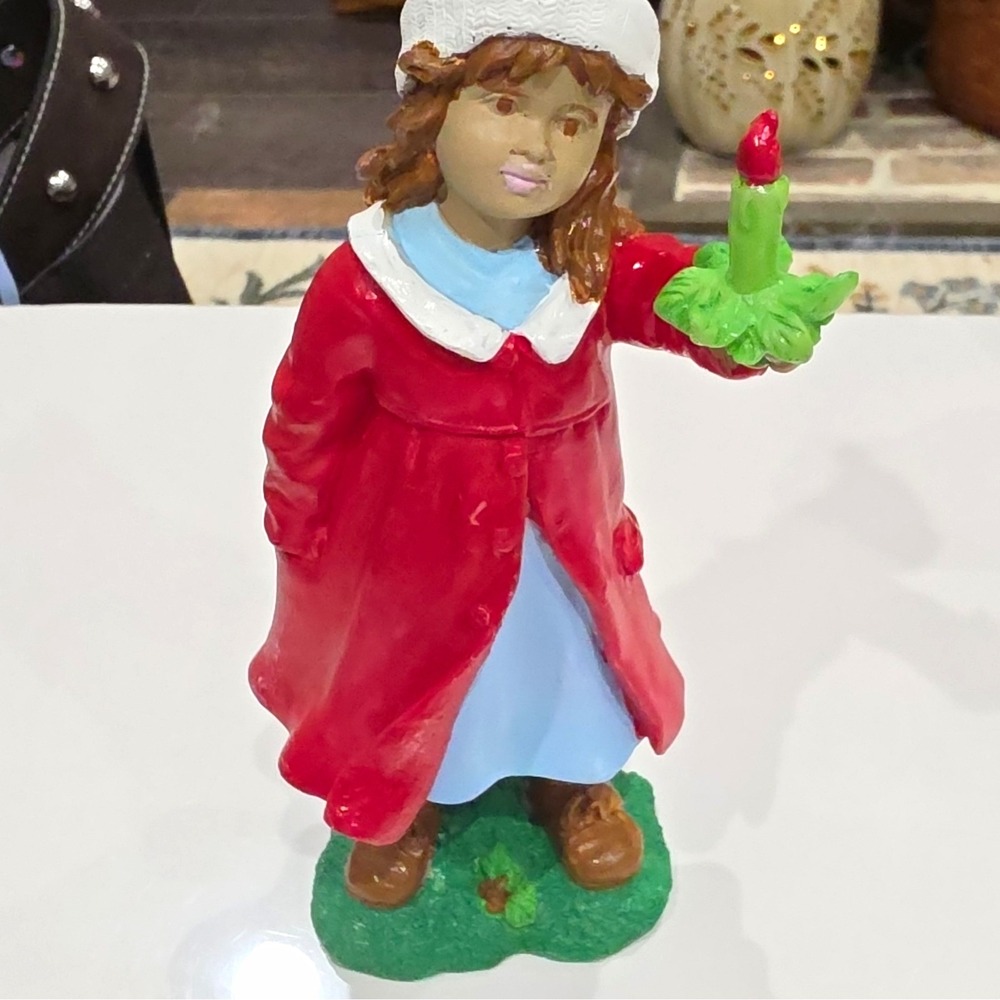 Christmas Hand Painted Resin Girl Figurine Red Coat Santa Hat Green Candle